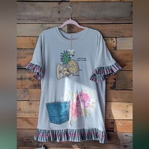 Upcycled Gray Graphic T-Shirt Dress with Plaid Accents